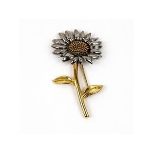 Vintage Liz Claiborne 80s Gold Silver Tone Sunflower Brooch Pin 2" LC Signed